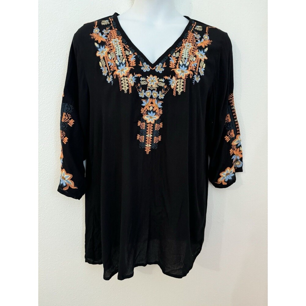 CUTE OPTIONS Blouse Peasant Tunic TOP Black EMBROIDERED Coverup M New